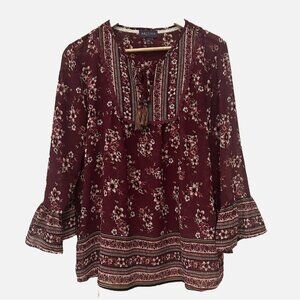 Women's LARGE Burgundy Floral Boho Festival Fairy Flowy Bell Sleeve Blouse